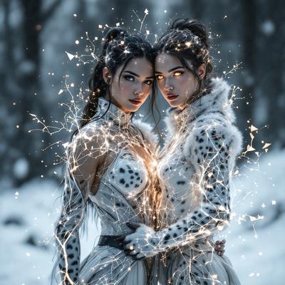 The image features two women standing close to each other in a snowy environment. They are wearing white dresses and have their eyes glowing, giving them an otherworldly appearance. The women are positioned in the center of the scene, with one woman on the left and the other on the right. The snowy background and the glowing eyes create a unique and captivating visual effect.